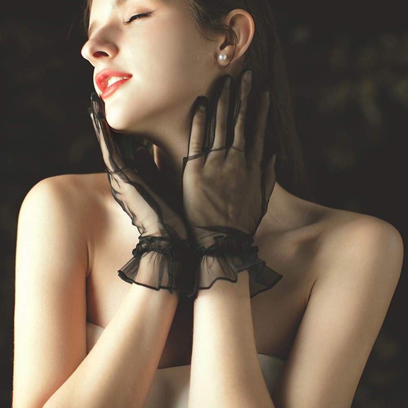 QRBTSCL Women's Short Mesh Gloves Ruffled Tulle Wedding Party Gloves Short Prom Evening Glove Black - Image 3